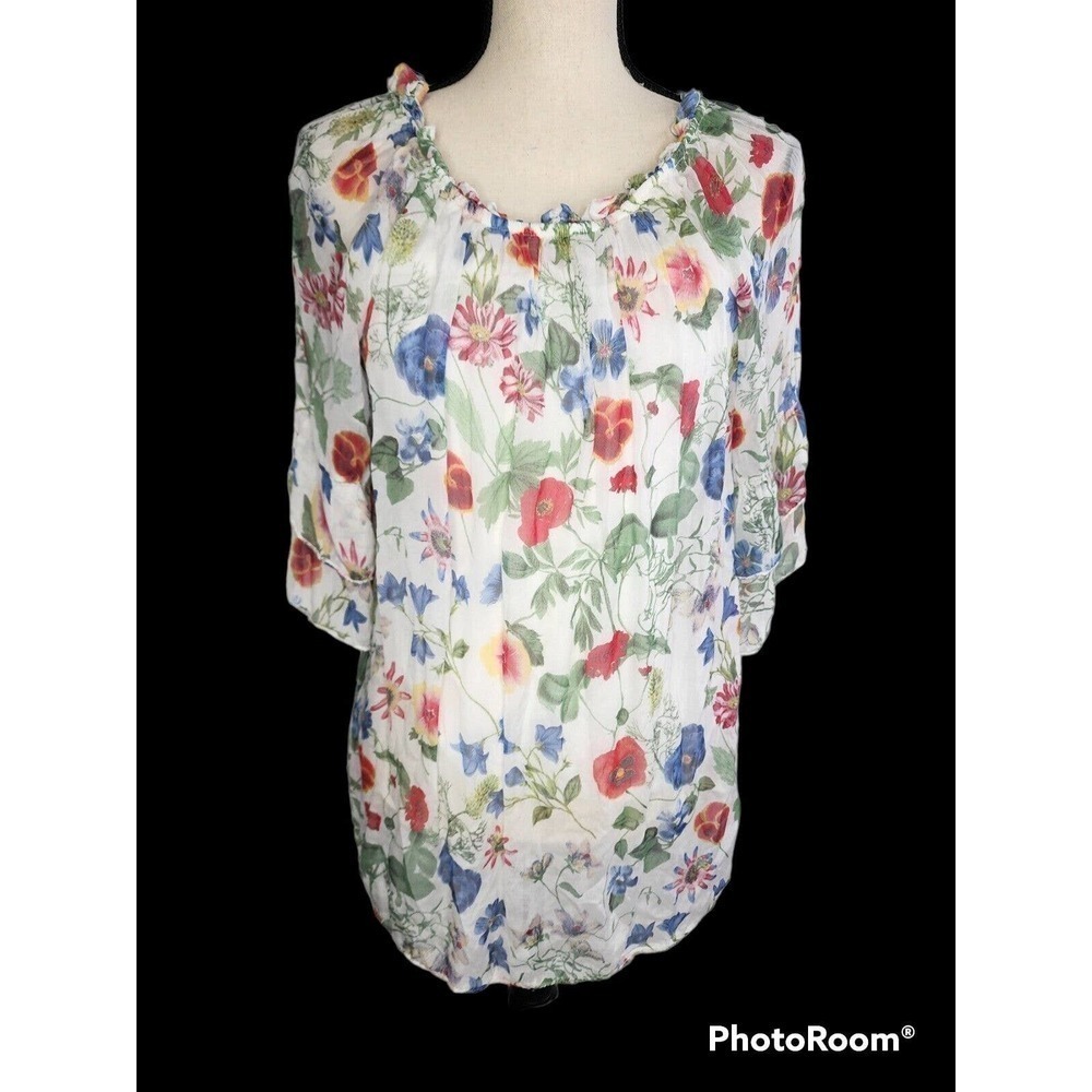 Bellambra 100% Silk Italian Floral Peasant Sheer Lined Blouse Top Size L